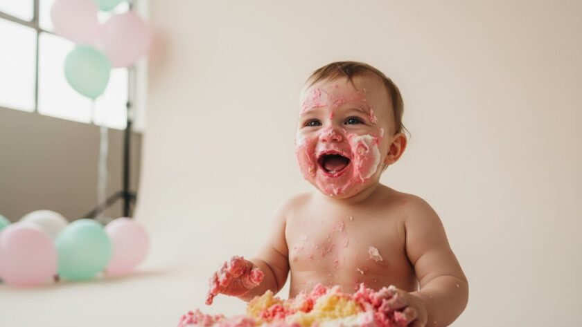 An adorable baby laughing amidst colourful cake chaos during a Shepparton Victoria cake smash photography unforgettable first birthday session, captured with dramatic lighting.