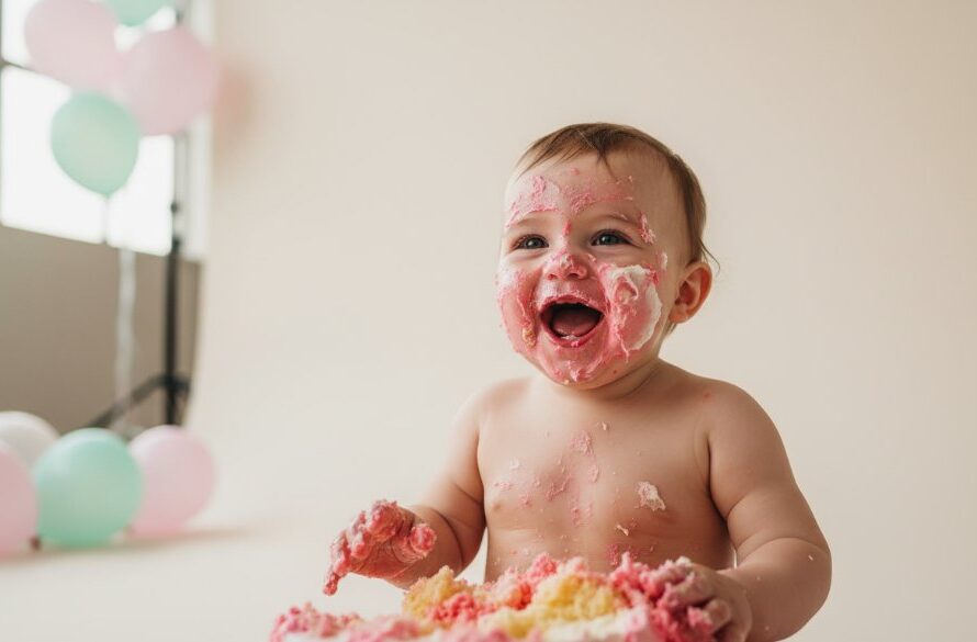 An adorable baby laughing amidst colourful cake chaos during a Shepparton Victoria cake smash photography unforgettable first birthday session, captured with dramatic lighting.