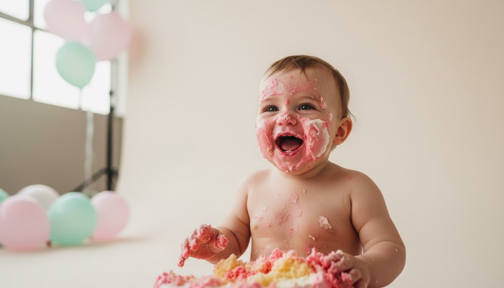An adorable baby laughing amidst colourful cake chaos during a Shepparton Victoria cake smash photography unforgettable first birthday session, captured with dramatic lighting.
