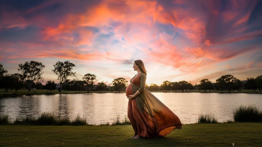 A pregnant woman, in a flowing amber gown, stands silhouetted against a golden Shepparton sunset, her hands cradling her baby bump, embodying the serene and epic Shepparton Victoria scenic maternity photoshoot experience.