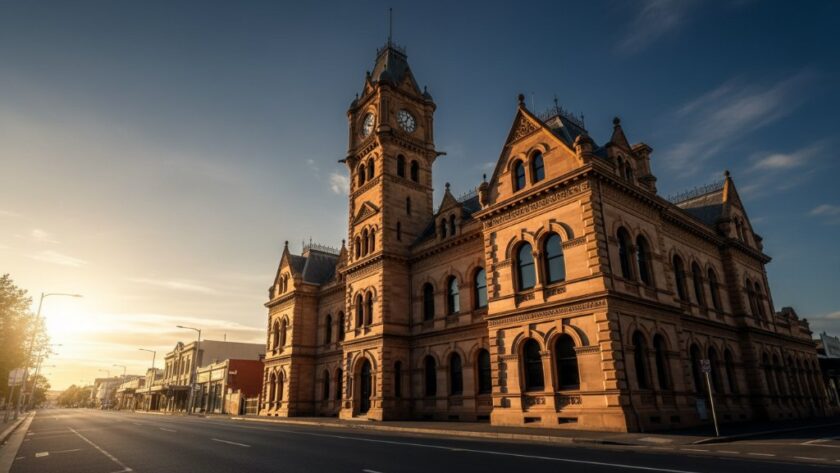 Dramatic low-angle shot of Shepparton's historic architecture photography, focusing on the intricate details of a sandstone building at sunrise, with golden light illuminating its ornate facade and casting long shadows, creating an epic moment of architectural grandeur.
