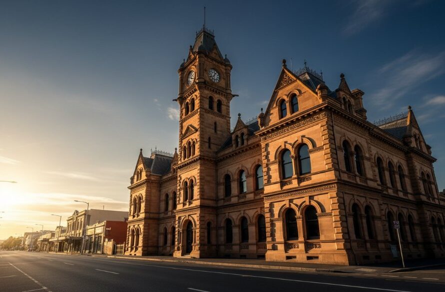 Dramatic low-angle shot of Shepparton's historic architecture photography, focusing on the intricate details of a sandstone building at sunrise, with golden light illuminating its ornate facade and casting long shadows, creating an epic moment of architectural grandeur.