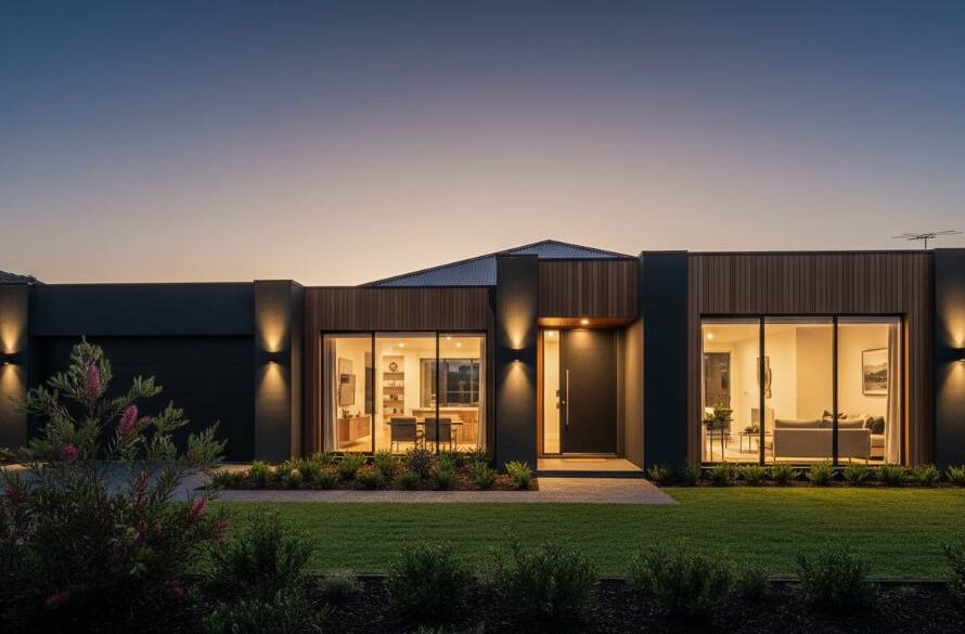An epic, wide-angle twilight photograph capturing a beautifully lit, modern family home in Box Hill South, Victoria, with a perfectly manicured garden and the warm glow of interior lights creating an inviting ambiance, ideal for Showcasing Box Hill South Homes with Professional Property Photography.