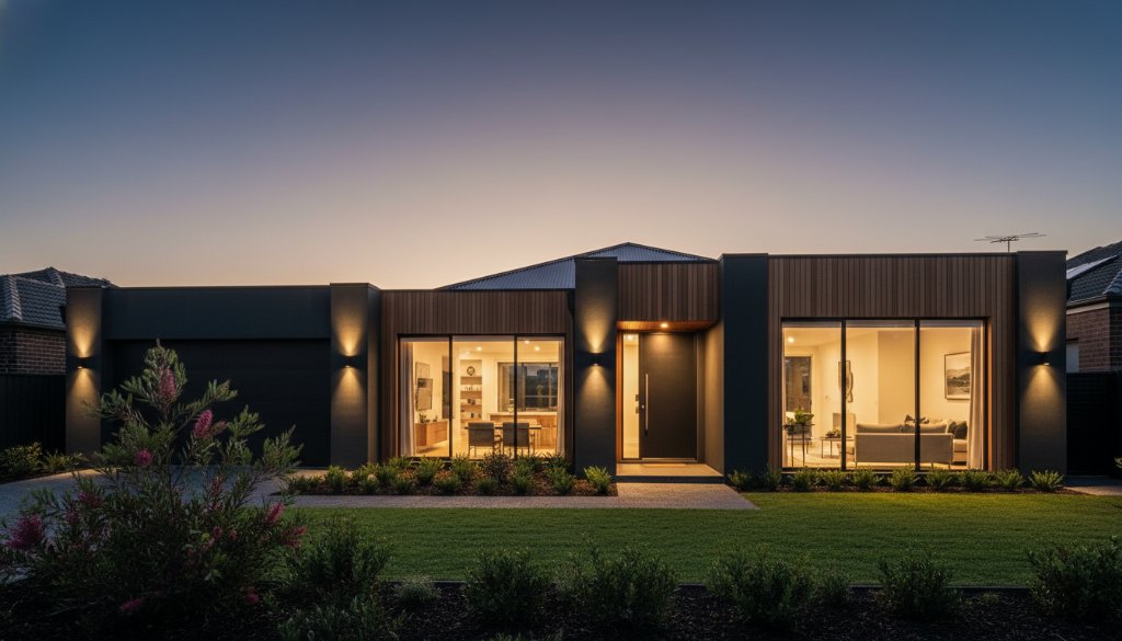 An epic, wide-angle twilight photograph capturing a beautifully lit, modern family home in Box Hill South, Victoria, with a perfectly manicured garden and the warm glow of interior lights creating an inviting ambiance, ideal for Showcasing Box Hill South Homes with Professional Property Photography.