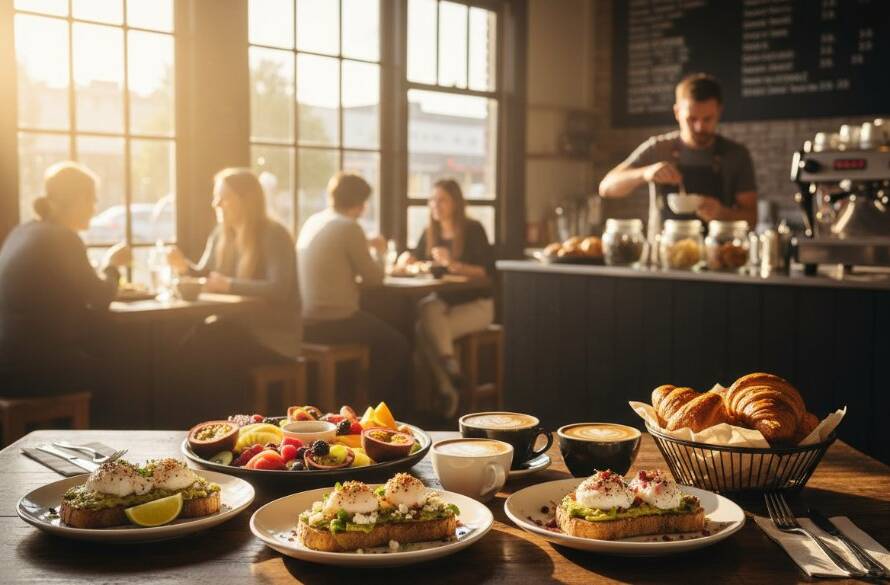 An exquisitely composed flat lay of a brunch spread at a sun-drenched cafe in Croydon South, Victoria, artfully 'Showcasing Croydon South Culinary Artistry with Expert Food Photography'. Golden light highlights perfectly poached eggs and fresh pastries, creating an irresistible visual feast. The scene captures the vibrant atmosphere of local dining, a true epic moment of culinary delight.