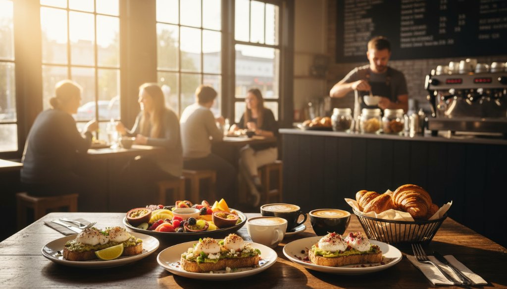 An exquisitely composed flat lay of a brunch spread at a sun-drenched cafe in Croydon South, Victoria, artfully 'Showcasing Croydon South Culinary Artistry with Expert Food Photography'. Golden light highlights perfectly poached eggs and fresh pastries, creating an irresistible visual feast. The scene captures the vibrant atmosphere of local dining, a true epic moment of culinary delight.