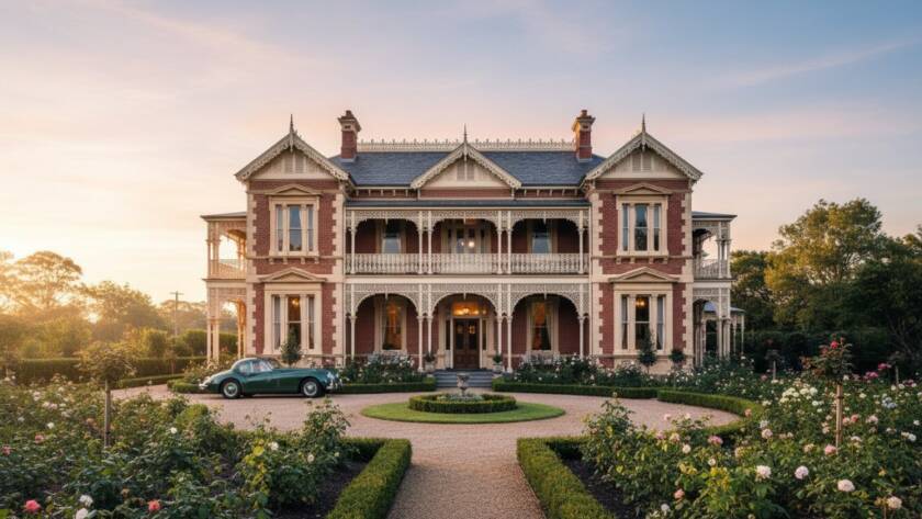 A wide-angle, golden hour shot capturing the stately facade of a meticulously restored Victorian heritage home in Glen Iris, bathed in dramatic, warm sunlight, with a vibrant, manicured garden in the foreground. The photograph, ideal for showcasing Glen Iris heritage homes with professional real estate photography, features professional colour grading and a cinematic quality, evoking a sense of timeless elegance and grandeur.