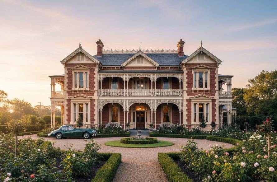 A wide-angle, golden hour shot capturing the stately facade of a meticulously restored Victorian heritage home in Glen Iris, bathed in dramatic, warm sunlight, with a vibrant, manicured garden in the foreground. The photograph, ideal for showcasing Glen Iris heritage homes with professional real estate photography, features professional colour grading and a cinematic quality, evoking a sense of timeless elegance and grandeur.