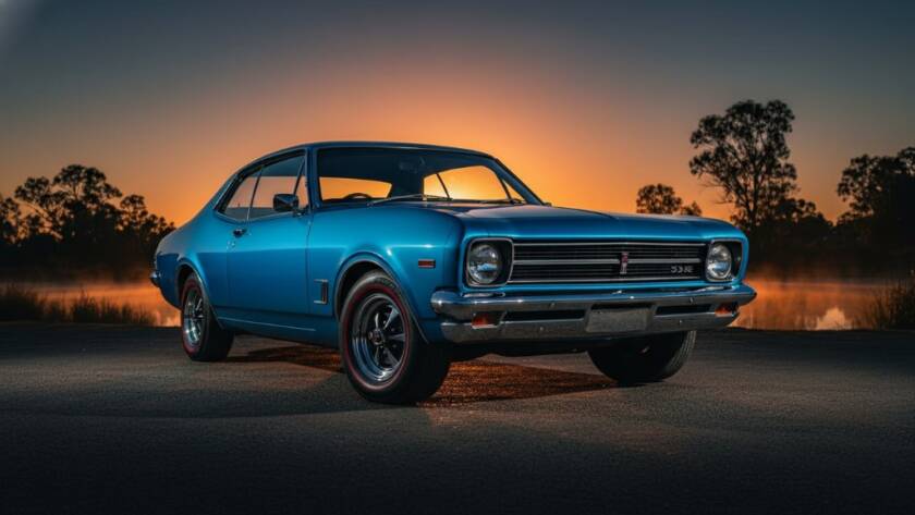 An epic, cinematic long exposure photograph showcasing Noble Park North classic car photography expertise, featuring a gleaming vintage Australian muscle car, possibly a Holden Monaro, parked dramatically at dusk near the Noble Park North Wetlands, with rich golden hour light reflecting off its chrome and a moody sky above. The scene captures the powerful elegance of the vehicle in its local setting, expertly composed.