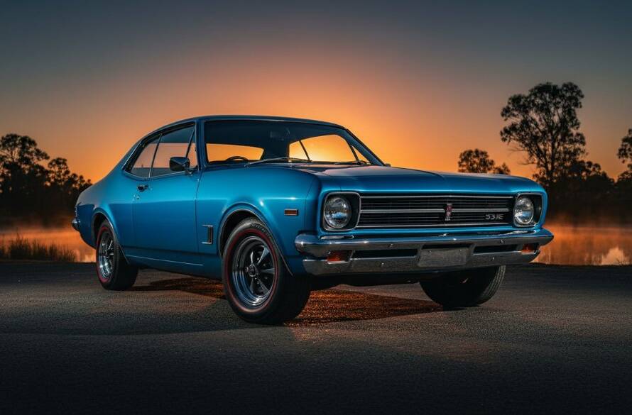 An epic, cinematic long exposure photograph showcasing Noble Park North classic car photography expertise, featuring a gleaming vintage Australian muscle car, possibly a Holden Monaro, parked dramatically at dusk near the Noble Park North Wetlands, with rich golden hour light reflecting off its chrome and a moody sky above. The scene captures the powerful elegance of the vehicle in its local setting, expertly composed.