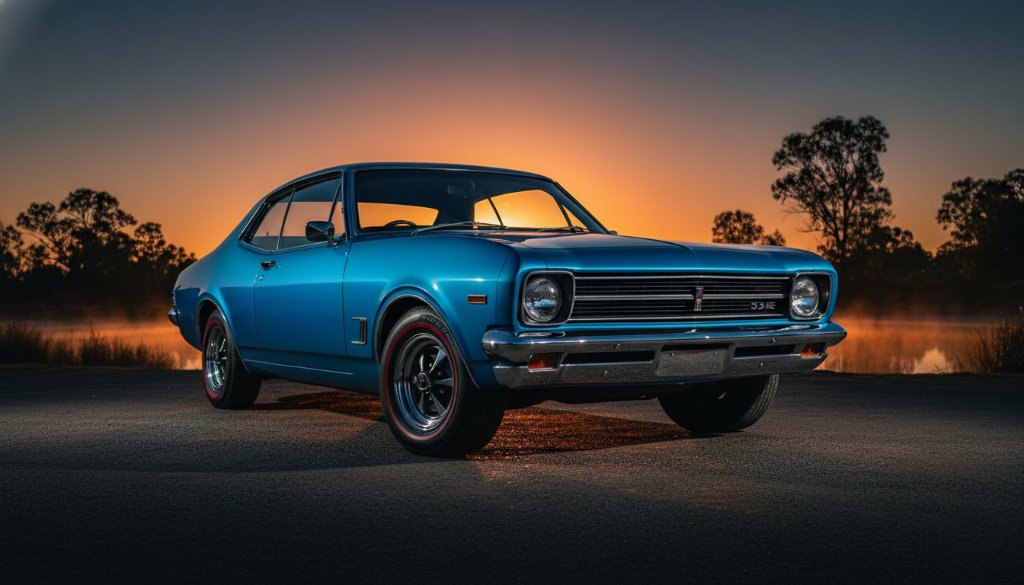 An epic, cinematic long exposure photograph showcasing Noble Park North classic car photography expertise, featuring a gleaming vintage Australian muscle car, possibly a Holden Monaro, parked dramatically at dusk near the Noble Park North Wetlands, with rich golden hour light reflecting off its chrome and a moody sky above. The scene captures the powerful elegance of the vehicle in its local setting, expertly composed.