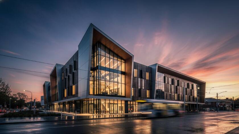 An epic wide-angle shot at twilight, showcasing Oakleigh's vibrant architectural charm Victoria, with a prominent modern building's glass facade reflecting the last rays of sun, dramatic clouds above, and a hint of street life, captured with professional color grading.