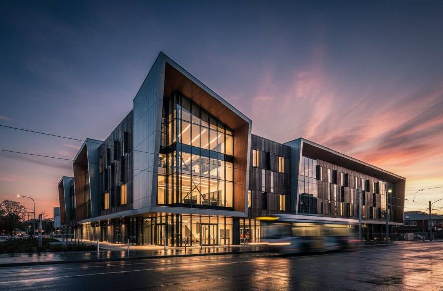 An epic wide-angle shot at twilight, showcasing Oakleigh's vibrant architectural charm Victoria, with a prominent modern building's glass facade reflecting the last rays of sun, dramatic clouds above, and a hint of street life, captured with professional color grading.