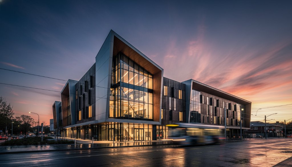 An epic wide-angle shot at twilight, showcasing Oakleigh's vibrant architectural charm Victoria, with a prominent modern building's glass facade reflecting the last rays of sun, dramatic clouds above, and a hint of street life, captured with professional color grading.