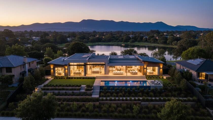 An aerial, cinematic drone shot at golden hour, dramatically showcasing Ringwood homes with professional real estate photography. A modern family home with illuminated interiors stands out against the vibrant green of Ringwood Lake Park and the distant Dandenong Ranges, captured with breathtaking detail and professional colour grading.