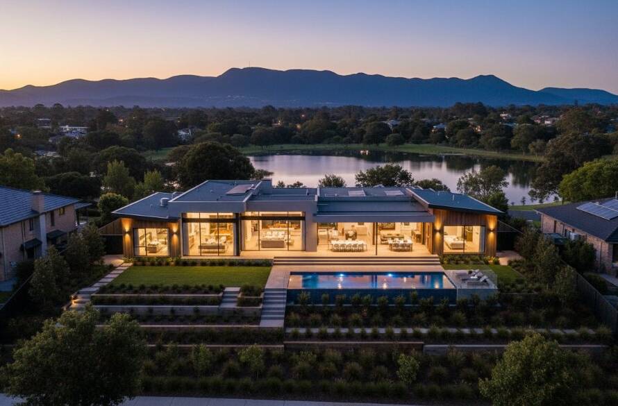 An aerial, cinematic drone shot at golden hour, dramatically showcasing Ringwood homes with professional real estate photography. A modern family home with illuminated interiors stands out against the vibrant green of Ringwood Lake Park and the distant Dandenong Ranges, captured with breathtaking detail and professional colour grading.