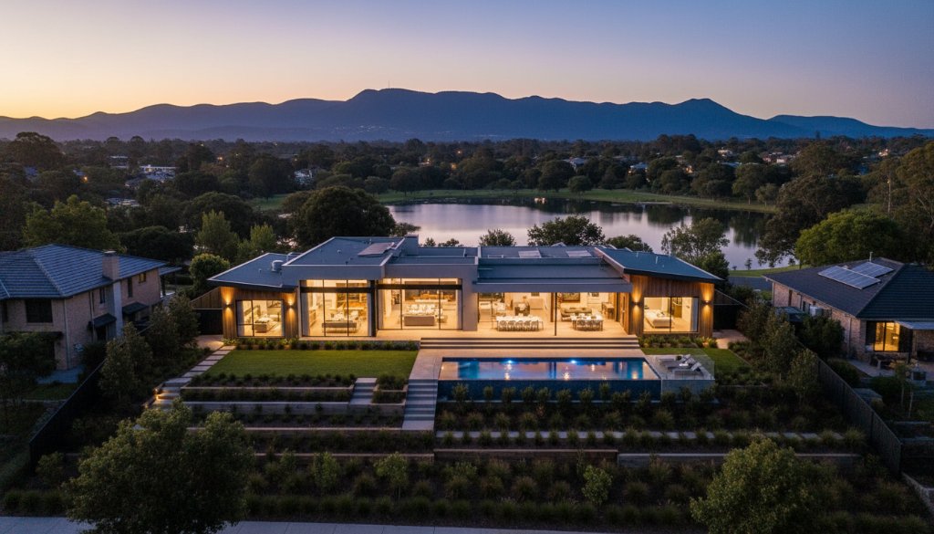 An aerial, cinematic drone shot at golden hour, dramatically showcasing Ringwood homes with professional real estate photography. A modern family home with illuminated interiors stands out against the vibrant green of Ringwood Lake Park and the distant Dandenong Ranges, captured with breathtaking detail and professional colour grading.