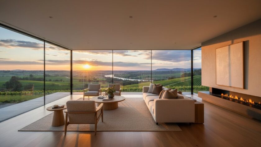 A stunning panoramic 'epic moment' photograph showcasing a beautifully staged lounge room in a modern home in Seymour, Victoria, bathed in dramatic golden hour light, with large windows overlooking a vibrant, manicured garden. The composition uses leading lines to draw the eye towards an elegant fireplace, highlighting the premium appeal of showcasing Seymour property photography for premium listings.