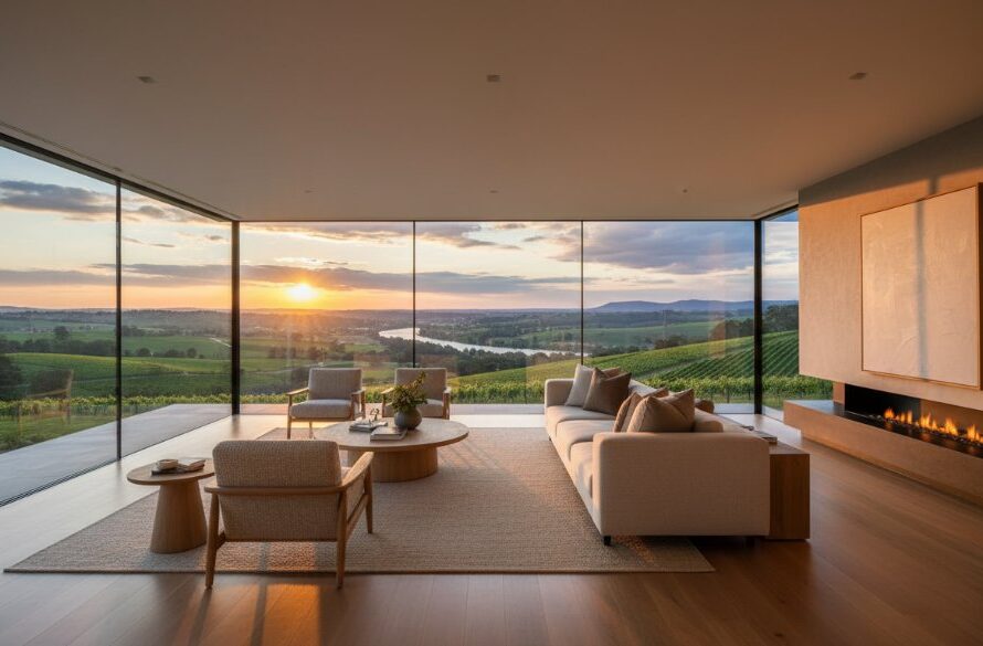 A stunning panoramic 'epic moment' photograph showcasing a beautifully staged lounge room in a modern home in Seymour, Victoria, bathed in dramatic golden hour light, with large windows overlooking a vibrant, manicured garden. The composition uses leading lines to draw the eye towards an elegant fireplace, highlighting the premium appeal of showcasing Seymour property photography for premium listings.