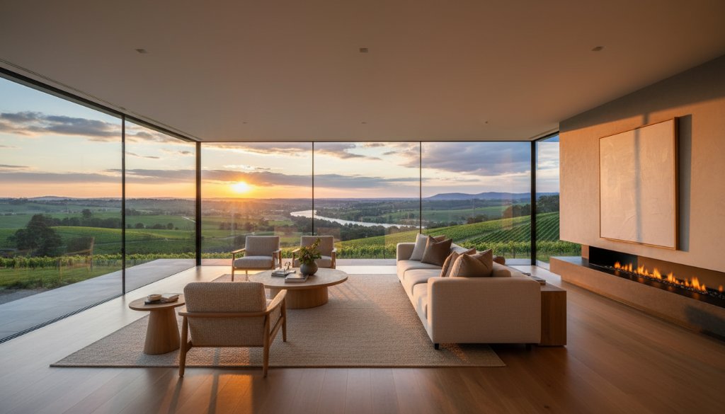 A stunning panoramic 'epic moment' photograph showcasing a beautifully staged lounge room in a modern home in Seymour, Victoria, bathed in dramatic golden hour light, with large windows overlooking a vibrant, manicured garden. The composition uses leading lines to draw the eye towards an elegant fireplace, highlighting the premium appeal of showcasing Seymour property photography for premium listings.