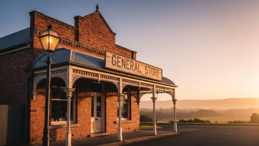 An epic, dramatic wide-angle shot showcasing The Basin's unique architectural details, featuring a historic shopfront bathed in the warm, golden light of a setting sun, highlighting intricate Victorian-era brickwork and ornate iron lacework against a deep blue twilight sky, professionally color-graded with cinematic tones.