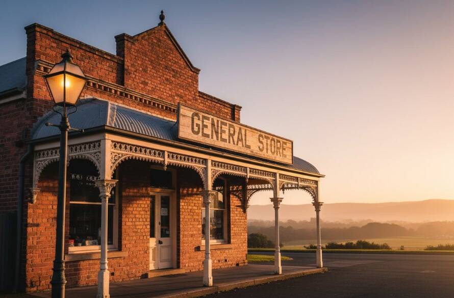 An epic, dramatic wide-angle shot showcasing The Basin's unique architectural details, featuring a historic shopfront bathed in the warm, golden light of a setting sun, highlighting intricate Victorian-era brickwork and ornate iron lacework against a deep blue twilight sky, professionally color-graded with cinematic tones.