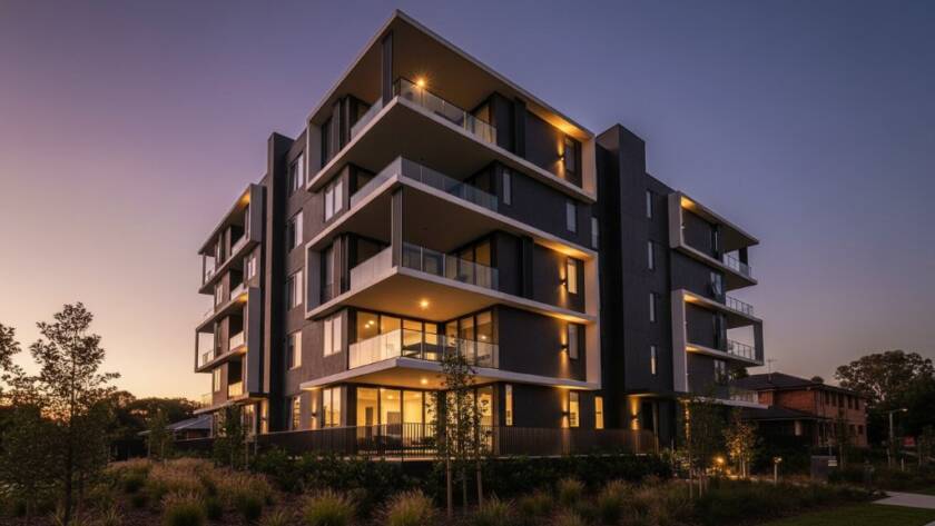 A dramatic sunset shot showcasing Vermont South's modern architecture photography, featuring a striking contemporary building bathed in golden light, taken at twilight from a low angle.