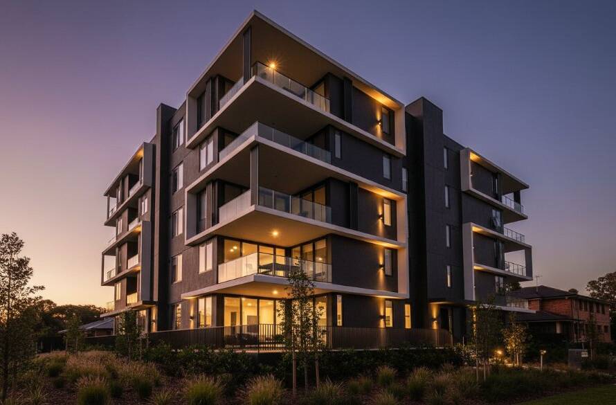 A dramatic sunset shot showcasing Vermont South's modern architecture photography, featuring a striking contemporary building bathed in golden light, taken at twilight from a low angle.