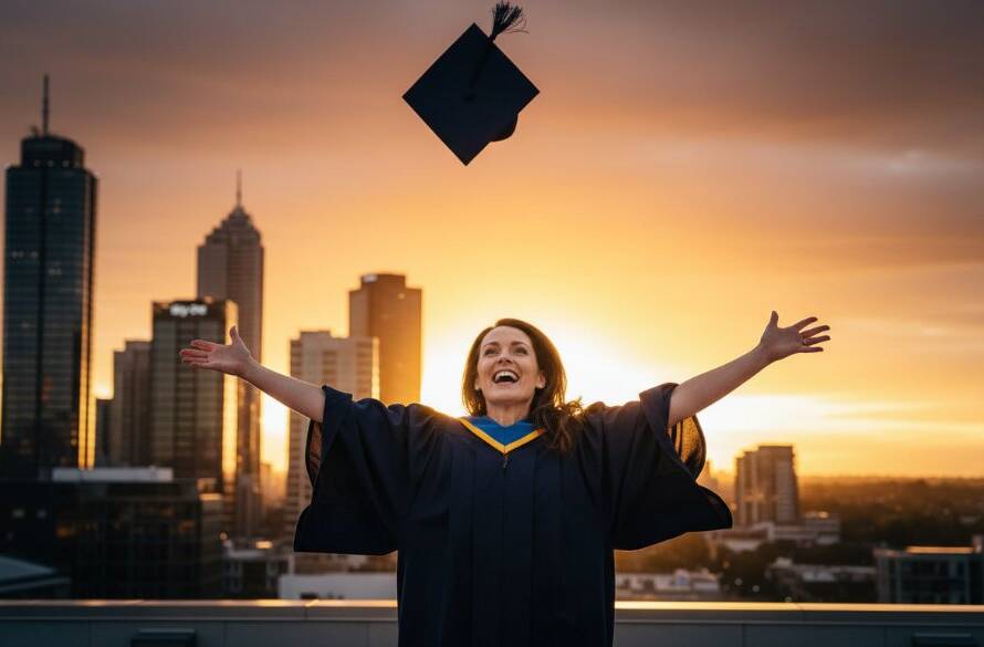 A jubilant graduate, wearing a cap and gown, dramatically tosses their mortarboard into the air against the setting sun over the Box Hill skyline, capturing epic Signature Graduation Portraits Box Hill Victoria with a vibrant, cinematic feel and professional colour grading.
