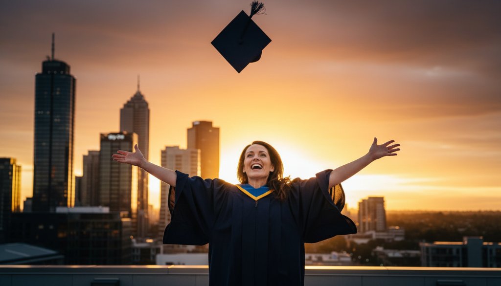 A jubilant graduate, wearing a cap and gown, dramatically tosses their mortarboard into the air against the setting sun over the Box Hill skyline, capturing epic Signature Graduation Portraits Box Hill Victoria with a vibrant, cinematic feel and professional colour grading.