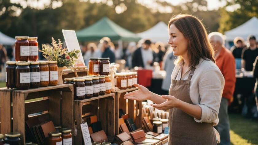 A dramatically lit, cinematic photograph showcasing professional Skye Editorial Photography: Elevating Melbourne Stories, featuring a local entrepreneur passionately discussing their artisanal products amidst the vibrant community market of Skye, Victoria, Australia, capturing an authentic, inspiring moment with rich colour grading.