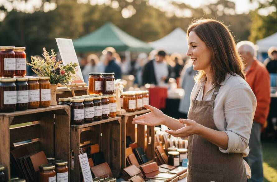 A dramatically lit, cinematic photograph showcasing professional Skye Editorial Photography: Elevating Melbourne Stories, featuring a local entrepreneur passionately discussing their artisanal products amidst the vibrant community market of Skye, Victoria, Australia, capturing an authentic, inspiring moment with rich colour grading.