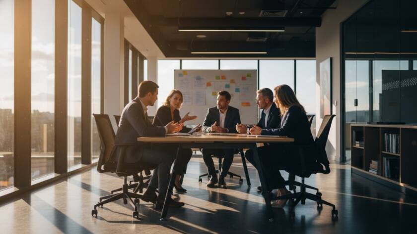 An inspiring, cinematically lit photograph showcasing a diverse team collaborating passionately in a modern Skye, Victoria office space, capturing an epic moment of innovation through professional corporate branding photography services.