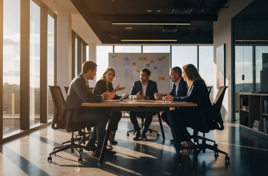 An inspiring, cinematically lit photograph showcasing a diverse team collaborating passionately in a modern Skye, Victoria office space, capturing an epic moment of innovation through professional corporate branding photography services.