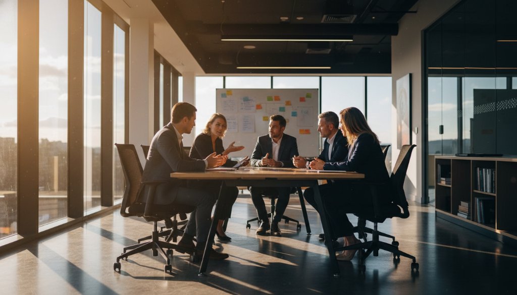 An inspiring, cinematically lit photograph showcasing a diverse team collaborating passionately in a modern Skye, Victoria office space, capturing an epic moment of innovation through professional corporate branding photography services.