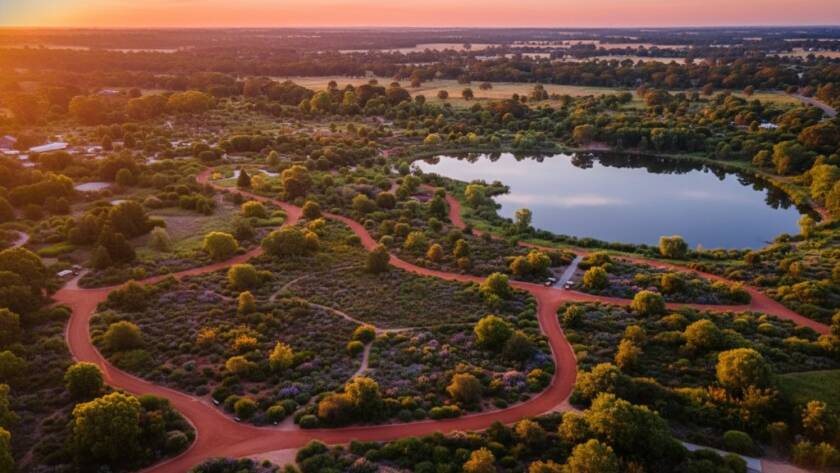 A breathtaking aerial view of the Cranbourne Royal Botanic Gardens in Skye, Victoria, captured at sunrise by a professional drone, showcasing lush green landscapes and shimmering water bodies under dramatic golden light, embodying the essence of Skye Victoria drone photography for breathtaking aerials.