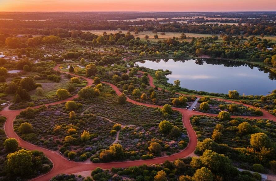 A breathtaking aerial view of the Cranbourne Royal Botanic Gardens in Skye, Victoria, captured at sunrise by a professional drone, showcasing lush green landscapes and shimmering water bodies under dramatic golden light, embodying the essence of Skye Victoria drone photography for breathtaking aerials.