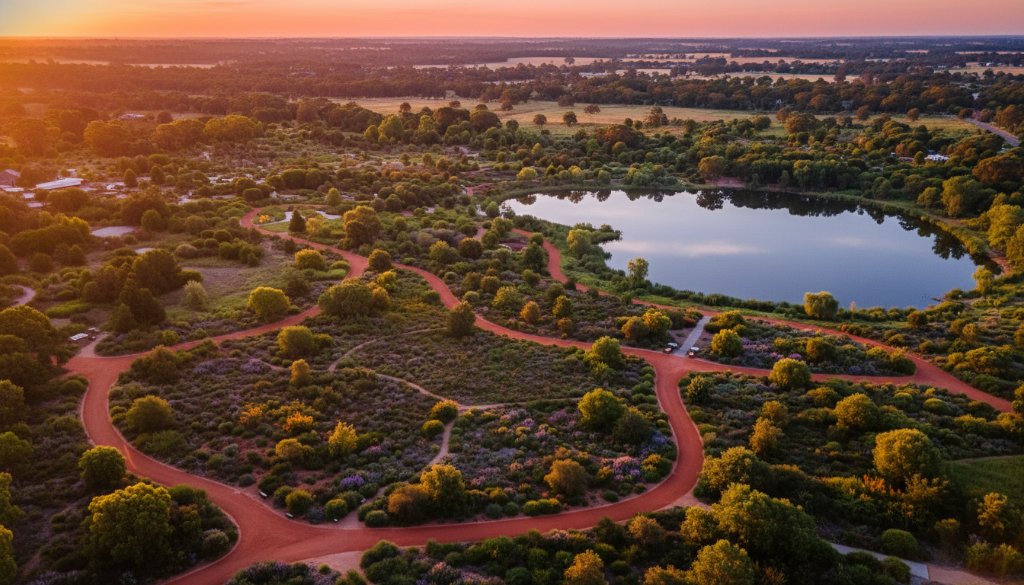 A breathtaking aerial view of the Cranbourne Royal Botanic Gardens in Skye, Victoria, captured at sunrise by a professional drone, showcasing lush green landscapes and shimmering water bodies under dramatic golden light, embodying the essence of Skye Victoria drone photography for breathtaking aerials.