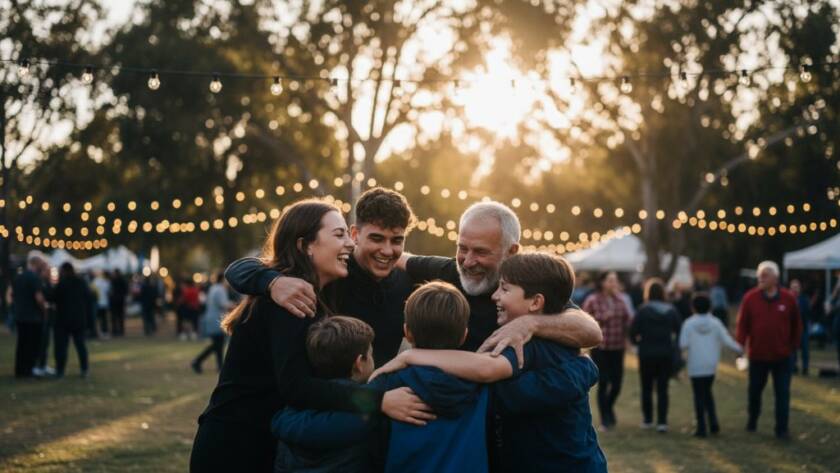 A wide-angle, cinematic photograph showing a joyful couple embracing amidst a beautifully decorated outdoor wedding reception in Skye, Victoria. The golden hour light dramatically illuminates their expressions, with guests in the softly blurred background celebrating. This image perfectly encapsulates Skye Victoria event photography capturing genuine moments, showcasing a peak emotional exchange.