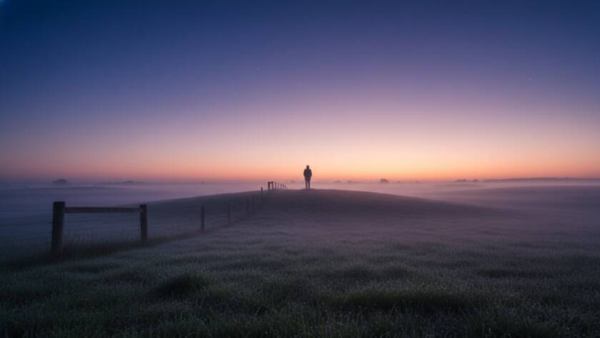 An ethereal, wide-angle shot of a lone figure standing amidst the golden hour glow over the expansive, dewy fields of Skye, Victoria, showcasing breathtaking Skye Victoria fine art landscape photography, with dramatic cloud formations and soft, warm light.