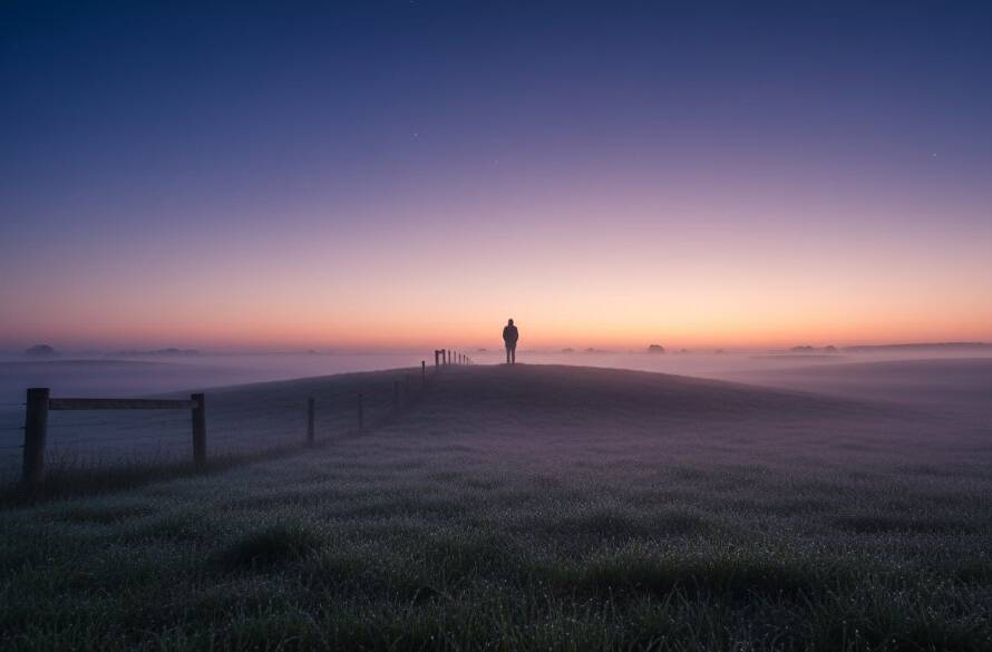 An ethereal, wide-angle shot of a lone figure standing amidst the golden hour glow over the expansive, dewy fields of Skye, Victoria, showcasing breathtaking Skye Victoria fine art landscape photography, with dramatic cloud formations and soft, warm light.