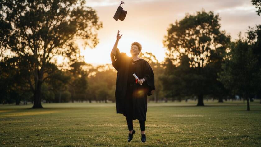 An epic moment from Skye Victoria graduation photography capturing proud moments, showing a proud graduate tossing their cap high against a vibrant sunset sky over a leafy park in Skye, celebrating their academic success with joy and confidence.