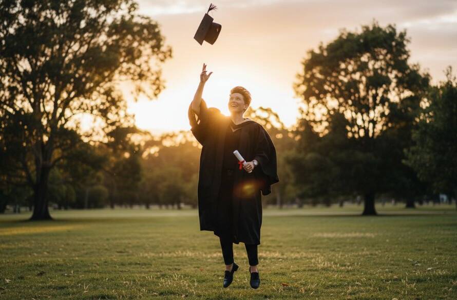 An epic moment from Skye Victoria graduation photography capturing proud moments, showing a proud graduate tossing their cap high against a vibrant sunset sky over a leafy park in Skye, celebrating their academic success with joy and confidence.