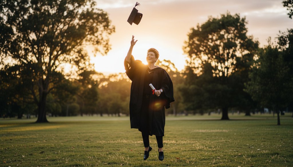 An epic moment from Skye Victoria graduation photography capturing proud moments, showing a proud graduate tossing their cap high against a vibrant sunset sky over a leafy park in Skye, celebrating their academic success with joy and confidence.