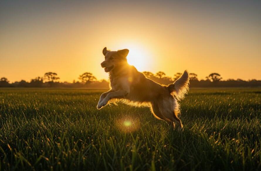 Epic moment of a joyful golden retriever leaping gracefully in a sun-drenched field near the wetlands of Skye, Victoria, perfectly embodying Skye Victoria pet photography for cherished animal memories, with dramatic backlighting and vibrant colours.