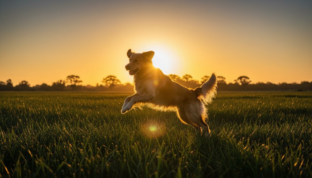 Epic moment of a joyful golden retriever leaping gracefully in a sun-drenched field near the wetlands of Skye, Victoria, perfectly embodying Skye Victoria pet photography for cherished animal memories, with dramatic backlighting and vibrant colours.