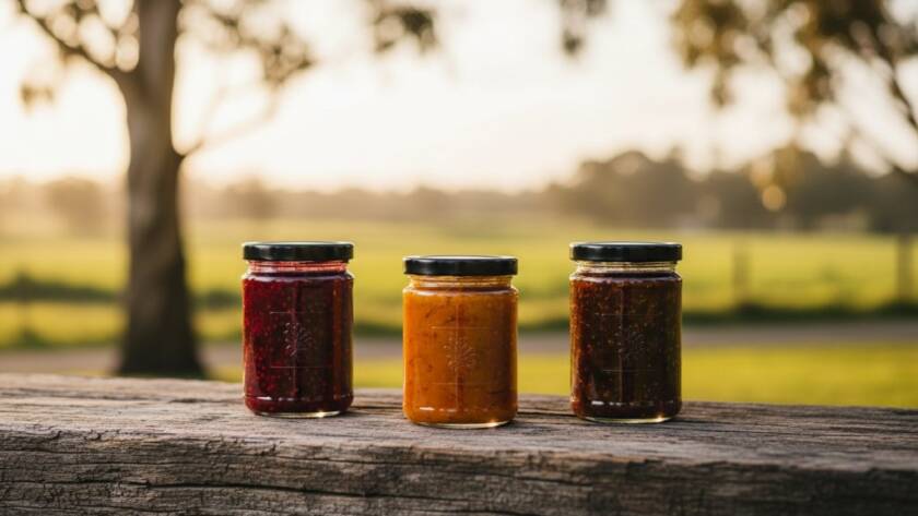 Dynamic high-angle shot showcasing a collection of artisan skincare products beautifully arranged on a rustic wooden table, with the soft, warm light of a sunrise over the Dandenong Ranges in Skye Victoria product photography for local e-commerce success, creating an epic moment of natural beauty and elegance.