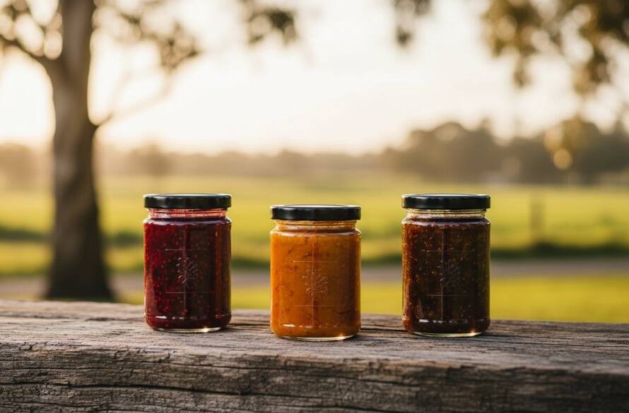 Dynamic high-angle shot showcasing a collection of artisan skincare products beautifully arranged on a rustic wooden table, with the soft, warm light of a sunrise over the Dandenong Ranges in Skye Victoria product photography for local e-commerce success, creating an epic moment of natural beauty and elegance.