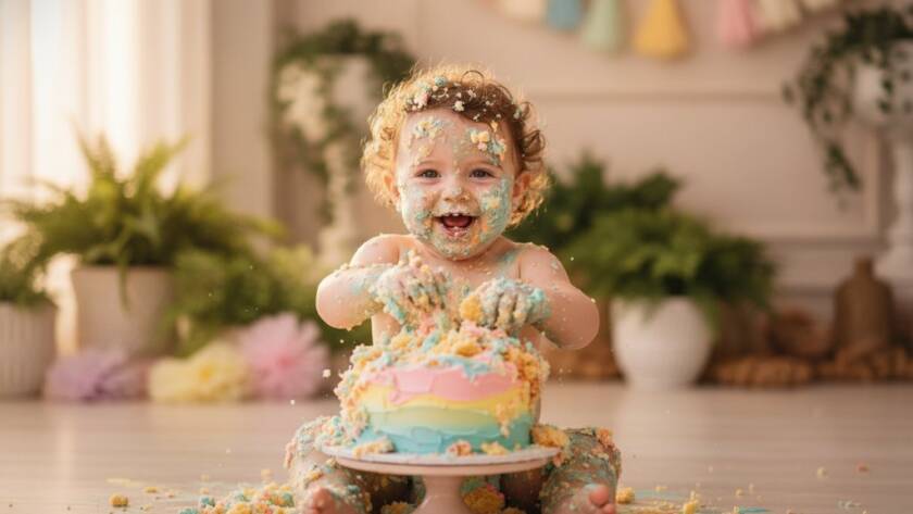 A wide-angle, vibrant, professional photograph capturing a one-year-old child in Skye Victoria having an unforgettable first birthday cake smash photography moment, covered in icing, laughing joyfully amidst balloons, with dramatic soft natural light.