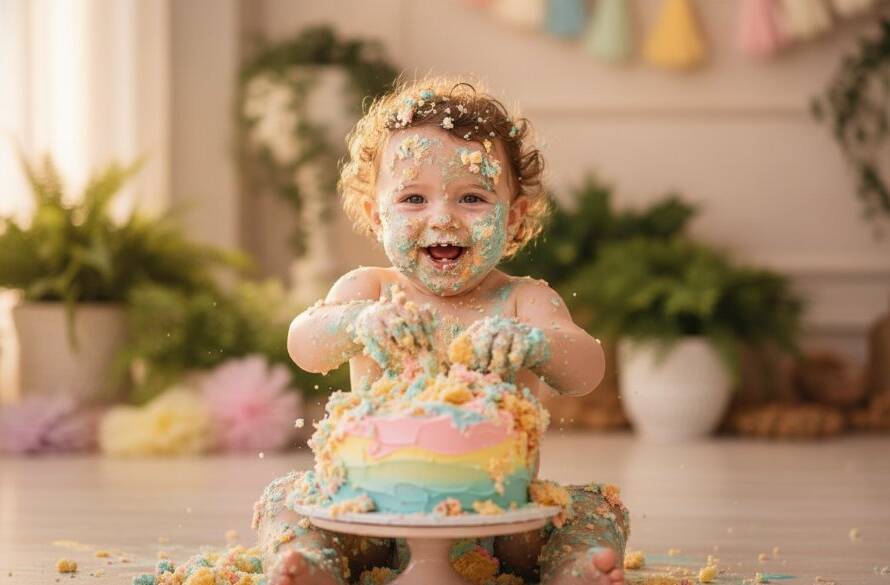 A wide-angle, vibrant, professional photograph capturing a one-year-old child in Skye Victoria having an unforgettable first birthday cake smash photography moment, covered in icing, laughing joyfully amidst balloons, with dramatic soft natural light.